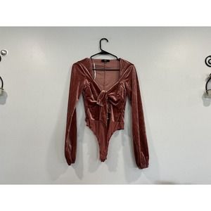 Lulus Upgraded Style Mauve Velvet Long Sleeve Tie Front Bodysuit Medium M
